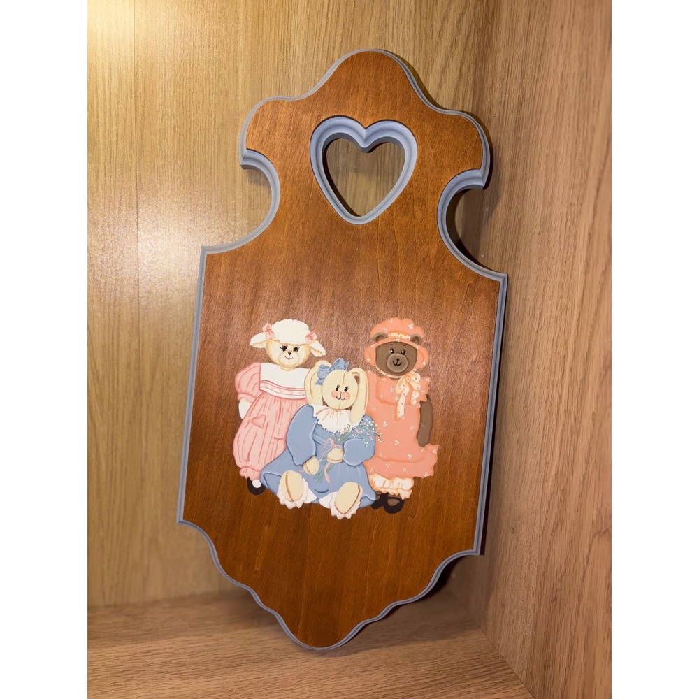 Vintage Wooden Wall Plaque Hand Painted Lamb Bunny Bear Nursery Heart Cutout